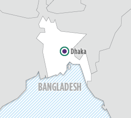 Map of Bangladesh with Dhaka, Bangladesh marked.