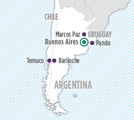 Map of South America with Buenos Aires, Argentina; Bariloche, Argentina; Marcos Paz, Argentina; Temuco, Chile and Canelones, Uruguay marked.