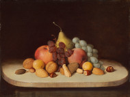 Image: image of Still Life with Fruit and Nuts 	 Robert Seldon Duncanson (artist) American, 1821-1872 Still Life with Fruit and Nuts, 1848 oil on board overall: 30.48 x 40.64 cm (12 x 16 in.) Gift of Ann and Mark Kington/The Kington Foundation and the Avalon Fund 2011.98.1 