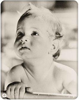 Photo of orphaned baby from a Farm Security Administration/Office of War Information document emphasizing the importance of aid to dependent children, circa 1940s.