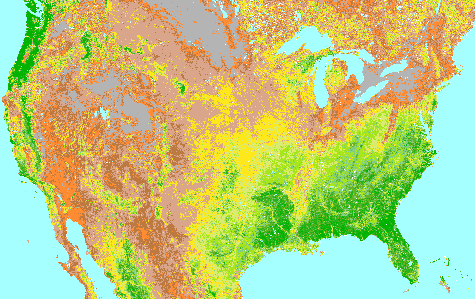 map showing Greenness of the Conterminous United States and Canada