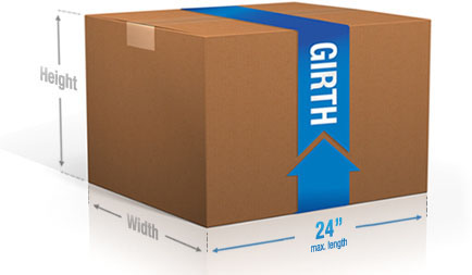 A cardboard box demonstrating the maximum size of a package.  The words 'max length' and '24 inches' are drawn from the front-left corner to the back-left corner.  The word 'width' is drawn from the front-left corner to the front-right corner.  The word 'height' is drawn from the bottom to the top. The word 'girth' is wrapped around the package.