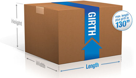 A cardboard box demonstrating the maximum size of a package.  The word 'length' is drawn from the front-left corner to the back-left corner.  The word 'width' is drawn from the front-left corner to the front-right corner.  The word 'height' is drawn from the bottom to the top. The word 'girth' is wrapped around the package.