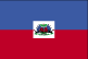 Flag of Haiti has top horizontal blue band, bottom red band; centered white rectangle bears coat of arms--palm tree flanked by flags and two cannons above scroll bearing motto. 2003.