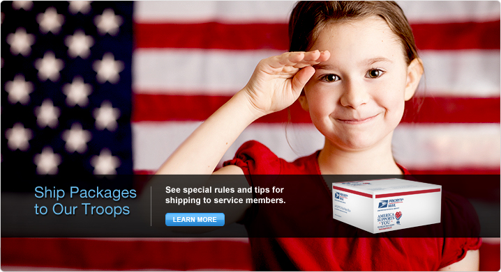 Ship Packages to Our Troops. See special rules and tips for shipping to service members. Learn More. Image of a shipping box. Background image of the American flag and a girl saluting.