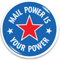 Mail power is your power. Image of button with star in the middle.
