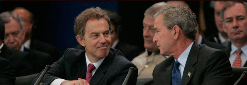 President George W. Bush and British Prime Minister Tony Blair shake hands at the NATO Summit in Istanbul, Turkey, June 28, 2004. (P41953-273)