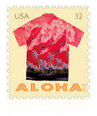 Image of a Hawaiian shirt and the word "Aloha" on a stamp