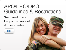 APO/FPO/DPO Guidelines & Restrictions. Send mail to our troops overseas at domestic rates. Go. Image of a woman hugging a soldier.