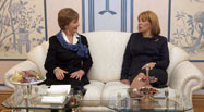 Mrs. Laura Bush and Mrs. Kateryna Yushchenko, wife of Ukraine President Viktor Yushchenko, enjoy tea, April 1, 2008, after ceremonies welcoming President George W. Bush and Mrs. Bush to Kyiv.