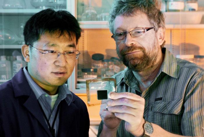 Gang Wu, left, and Piotr Zelenay examine a new non-precious-metal catalyst that can significantly reduce the cost of hydrogen fuel cells while maintaining performance.