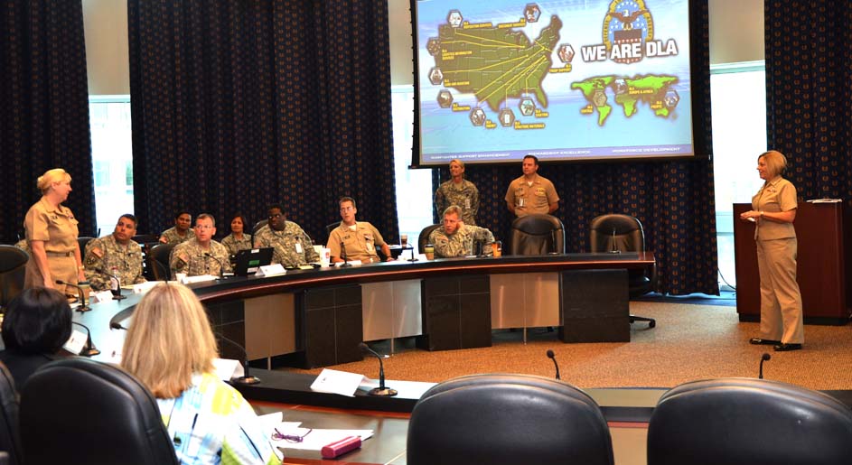 Rear Admiral Patricia Wolfe, DLA Joint Reserve Force director, welcomes approximately 25 training officers from the JRF.