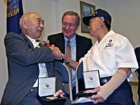 August 24, 2012 - Senator Mike Crapo (center) visits with Congressional Gold Medal recipients Kazuo Endow (left) and Agie Harada (right) after presenting them the award at a ceremony held at the Blackfoot Senior Center.