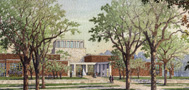 Artist rendering of the entrance to the George W. Bush Presidential Library and Museum.  Courtesy George W. Bush Foundation and Michael McCann for Robert A.M. Stern Architects, LLP.