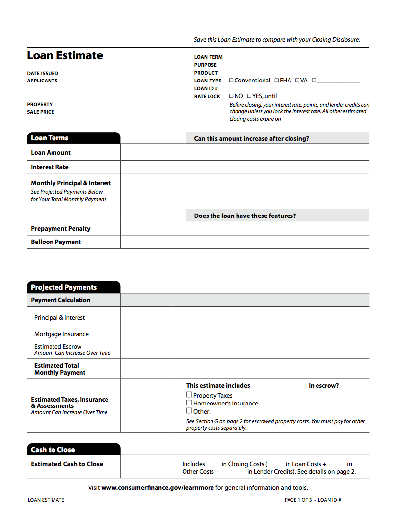 Model mortgage disclosure form, page 1