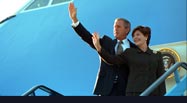 With President George W. Bush and Laura Bush aboard, Air Force One prepares for departure from Ljubljana International Airport, Ljubljana, Slovenia, en route to Berlin, Germany, June 10, 2008.