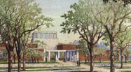 Artist rendering of the entrance to the George W. Bush Presidential Library and Museum. Courtesy George W. Bush Foundation and Michael McCann for Robert A.M. Stern Architects, LLP.