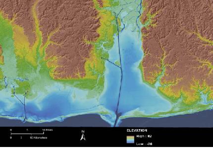 Graphic representation of topo-bathymetric data for Mobile Bay, Alabama.