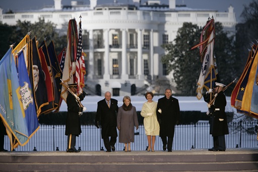 President George W. Bush and Mrs. Laura Bush and Vice President Dick Cheney and Mrs. Lynn Cheney arrive on stage, January 19, 2005, during inauguration festivities on the Ellipse in Washington, D.C. (P44283-24)