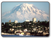 Mount Rainier as a backdrop behind the city of Tacoma, WA.
