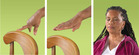 Woman testing her balance by closing her eyes and taking her hand off a chair. - Click to enlarge in new window.