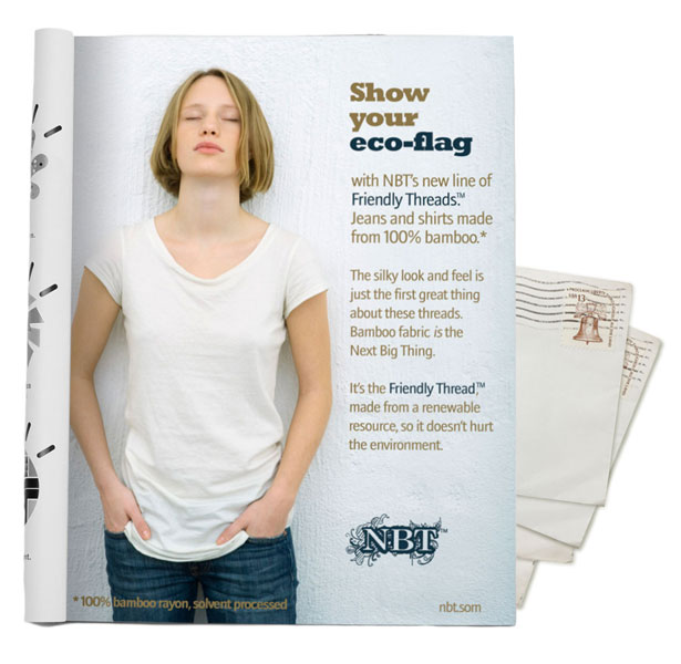 Image of a girl in a white T-shirt and jeans, alongside text that reads: 'Made from 100% bamboo*,' 'Made from a renewable resource' and 'Doesn't hurt the environment.' At the bottom of the ad, in smaller print, there is text that reads, â€œ*100% bamboo rayon, solvent processed.â€�