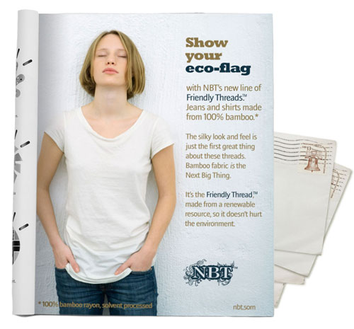 Image of a girl in a white T-shirt and jeans, alongside text that reads: 'Made from 100% bamboo*,' 'Made from a renewable resource' and 'Doesn't hurt the environment.' At the bottom of the ad, in smaller print, there is text that reads, â€œ*100% bamboo rayon, solvent processed.â€�