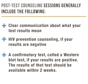 Post-Test Counseling session generally include the following: clear communication about what your test results mean, HIV prevention counseling, if your results are negative - A confirmatory test, called a Western blot test, if your results are positive. The results of that test should be available within 2 weeks.