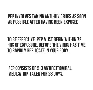 PEP involves taking anti-HIV drugs as soon as possible after having been exposed. To be effective, PEP must begin within 72 hours of exposure, before the virus has time to rapidly replicate in your body. PEP consists of 2-3 antiretroviral medication taken for 28 days.