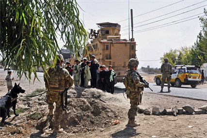 U.S. Army Sgt. Adam Serella and his military working dog, Nero, search a vehicle while another soldier provides security during Operation Clean Sweep in Kandahar City in Afghanistan's Kandahar province, Oct. 3, 2012. Serella, a narcotics patrol detector dog handler, is assigned to the 3rd Infantry Division, and the soldier is assigned to the 563rd Military Police Company.