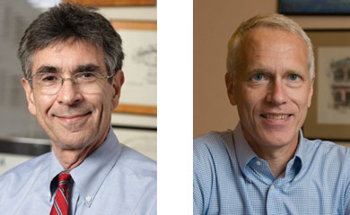 Two head shots of middle-aged men in dress shirts