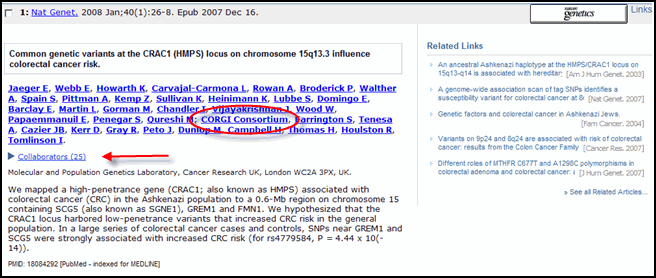 PubMed display of a citation, showing CORGI Consortium as an author, and link to Collaborators below author list