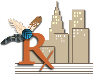 Graphic depicting city scape with R X pharmacy icon and feathers