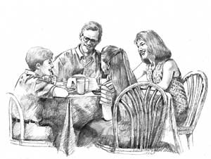 Drawing of a man, woman, and two children sitting at a table during a meal.