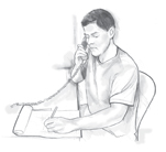 Ilustración de un hombre sentado en una mesa mientras habla por teléfono y escribe una nota en un pedazo de papel.