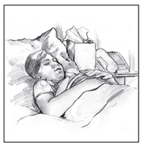 Drawing of a little boy lying in bed with his eyes closed and arms folded across his stomach. 