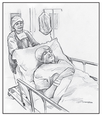 Drawing of a male patient lying on a gurney being wheeled into surgery by a health care provider.
