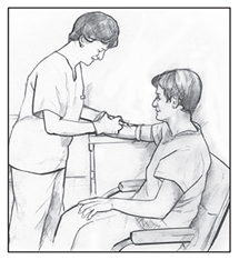 Drawing of a female health care provider drawing blood from the arm of a male patient, who is sitting in a chair.