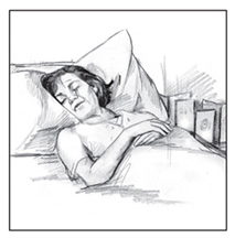 Drawing of a woman lying in bed with her eyes closed and arms folded across her stomach.