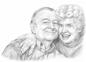 Drawing of a smiling, older Caucasian couple.