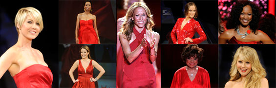 A collage of 8 celebrity women dressed in designer red dresses from The Heart Truth's Red Dress Collection Fashion Show over the past 10 years