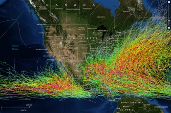 Map of U.S. with storm and hurricane trackings