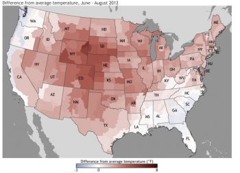 Map showing U.S. states and relative temperature from below to above average
