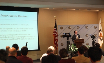 Vice Chief Judge Jay Moore of the Patent Trial and Appeal Board explains provisions of the AIA (file photo)