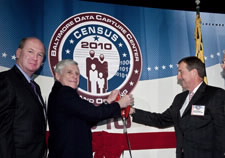 Acting Census Bureau Director Thomas Mesenbourg (third from left) is shown with ceremonial scissors. Also shown (L to R) are Ken Asbury of Lockheed Martin, James Sheaffer of CSC, and Rick Ruiz of Lockheed Martin. Click for larger image.
