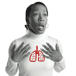Photo of a woman experiencing shortness of breath, illustrated by a super imposed sketch of disproportionately shrunken lungs.<sp!>Aprenda más sobre falta de aire como síntoma del ataque del corazón<!sp>