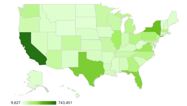 Heatmap of the United States showing states with the most visits to Recovery.gov.