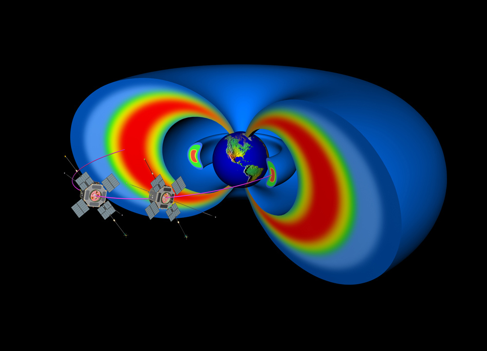 Artist's rendering showing two spacecraft representing the not-yet-designed Radiation Belt Storm Probes that will study the sun and its effects on Earth. PHOTO CREDIT: Johns Hopkins University Applied Physics Laboratory