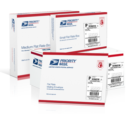  Image of Priority Mail Flat Rate boxes with Prepaid Forever postage.