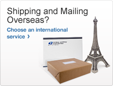 Shipping and Mailing Overseas? Choose an international service. Image of the Eiffel Tower, a brown package, and a shipping envelope.